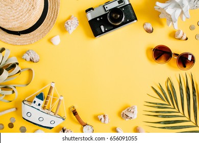 Flat lay traveler accessories on yellow background with blank space for text. Top view travel or vacation concept. Summer background. - Shutterstock ID 656091055