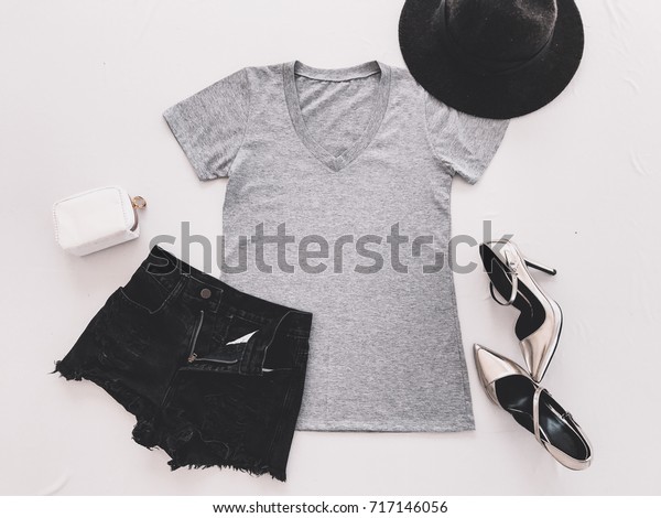 Flat Lay Tshirt Mockup Fashion Grey Stock Photo 717146056 | Shutterstock