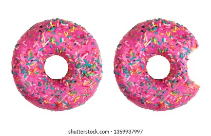 Flat lay of two donuts decorated with colorful sprinkles isolated on white background. Bitten donut
