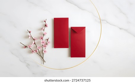 Flat lay of two red envelopes one large and one small placed on a white marble surface with delicate pink cherry blossom branches