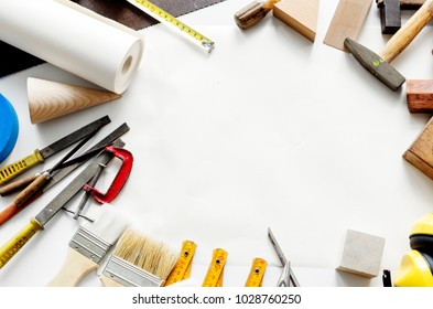 Flat lay of various technician tools isolated on white background