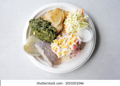 Flat Lay View Of Cook Island Potato Salad (Mainese) Traditional Dish Serve In A Plate In Rarotonga Cook Islands. Food Background And Texture. Copy Space