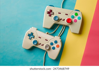 flat lay view of vintage 1980s computer game controllers on a bright color background - Powered by Shutterstock