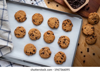 The Flat Lay Of Well-baked Mini Cookies With Chocolate Chips Rich Taste In A Tray