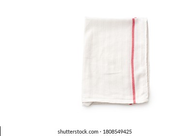 Flat lay with white linen kitchen napkin with red stripe isolated on white background. Top view with folded cloth for mockup with copy space - Powered by Shutterstock