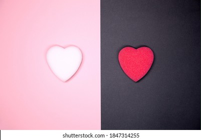 Flat Lay Of White And Red Cleaning Sponge Hearts. Homework, Valentine's Day And Love Concept.	