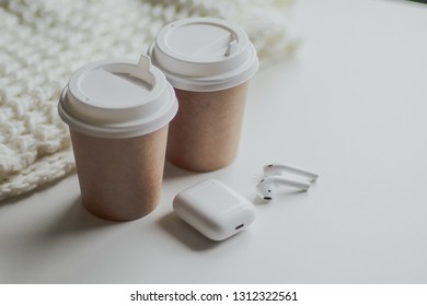 Flat Lay White, Two Glasses For Coffee Or Tea, Wireless Headphones