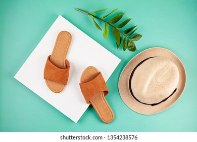 Flat Lay With Woman Casual Sandals For Spring Summer Season. Fashion, Trends And Shopping Concept