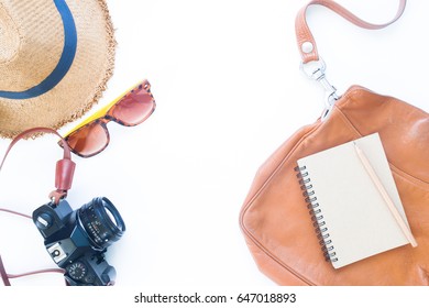 Flat Lay Of Woman Essentials And Camera On White Background, Travel And Lifestyle Concept