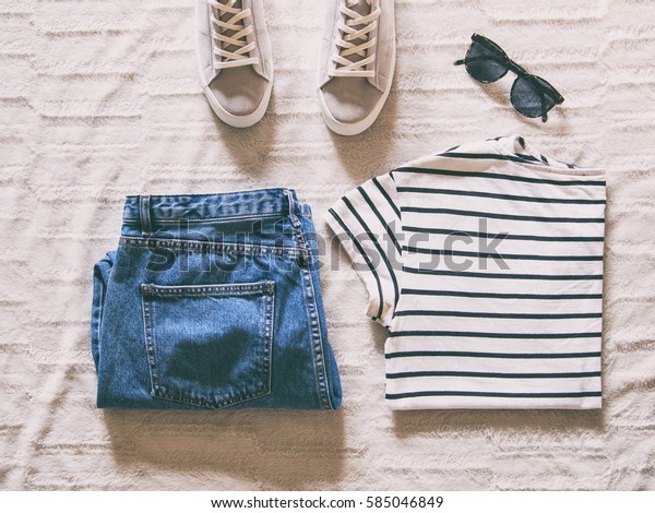 Flat Lay Women Fashion Trendy Hipster Stock Photo (Edit Now) 585046849