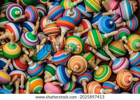 Flat lay of wooden colored whirligigs