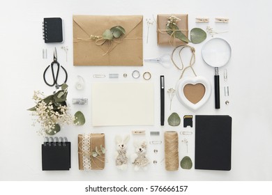 Flat Lay Workspace. Wedding Planning, Invitation Cards And Decoration. Overhead View, Top View