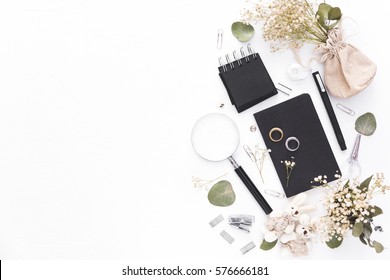 Flat Lay Workspace. Wedding Planning. Decoration On White Background. Overhead View, Top View