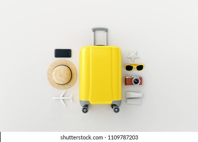Flat lay yellow suitcase with traveler accessories on white bright background. travel concept - Shutterstock ID 1109787203