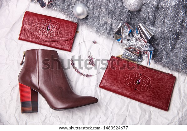 burgundy shoes and clutch bag