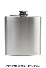 Flat Metal Flask And Whiskey Glass On White Background