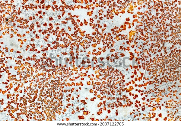 Flat metal\
surface in white paint and rust. Abstract background for design.\
Red yellow dots on a white\
background.