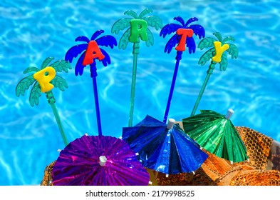 Flat Party Design Concept With Blue Swimming Pool Background. Party Decor Umbrellas, Tinsel, Palm Trees, Sparkles.