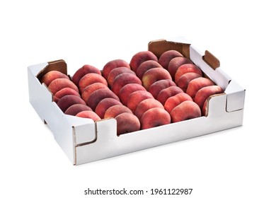 Flat Peaches in White Cardboard Box – Doughnut Peach or Saturn Peach, Prunus Persica Platycarpa Arranged, Ordered in Fruit Market Carton Box – Detailed Close-Up Macro, Isolated on White Background