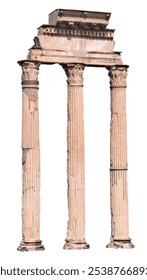 Flat perspective view of the remaining Columns of the temple of Castor and Pollux in the Roman Forum, Italy, isolated on pure white.