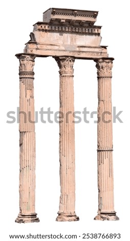 Flat perspective view of the remaining Columns of the temple of Castor and Pollux in the Roman Forum, Italy, isolated on pure white.