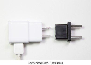 A flat pin power plug and a round pin adapter. Theme: Adaptation to a changing/local environment/culture in order to survive/compete.