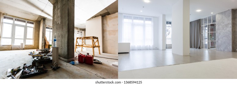 Flat Renovation, Empty Room Before And After Refurbishment Old And New Interior