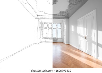 Flat Renovation, Photo And Sketch Of Renovated Room -