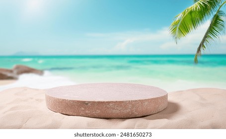 A flat rock podium stands prominently amidst a serene tropical beach scene, offering a tranquil spot against the backdrop of clear blue skies and gentle waves - Powered by Shutterstock