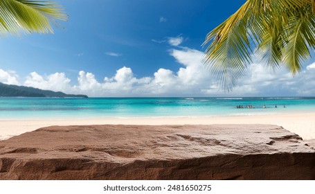 A flat rock podium stands prominently amidst a serene tropical beach scene, offering a tranquil spot against the backdrop of clear blue skies and gentle waves - Powered by Shutterstock