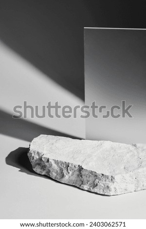 Flat stone pedestal, black and white template, banner background. Minimalism concept, empty podium display product, presentation scene
