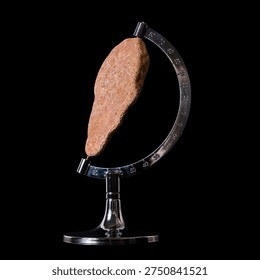 Flat stone placed in globe stand, concept of flat earth theory and pseudoscience