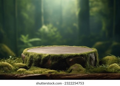 Flat stone podium in the magical forest , empty round stand background - Shutterstock ID 2322254753