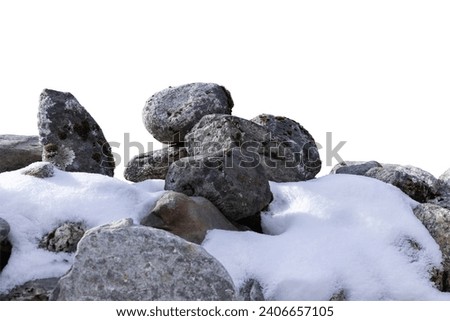 Flat stone podium with snow cover isolated on white background .