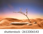 Flat stone slabs like a surface for placing advertising products next to rough and pockmarked rocks. Tree branches with many sharp thorns, dried by the sunlight, deeply rooted in the fine sand.