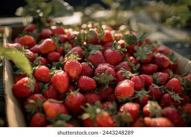 A flat of strawberries in a carboard box, with sunlight behind the strawberries, with some bokeh. Strawberries are very red and very ripe.
