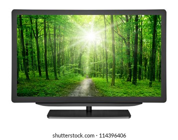 Flat Television On White Backgrounds Monitor Stock Photo 114396406