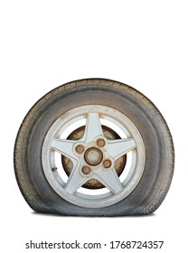 Flat Tire With Rusty Alloy Wheel On White Background. Clipping Path