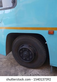 Flat Tire (tyre) Of Bus. Run Out Of Air Tire Inflator. Need To Be Repair Or Fill Pressure In Garage.