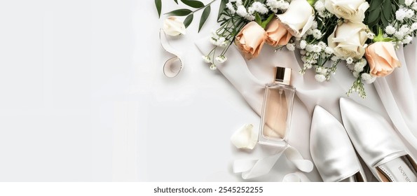 flat top view of groom's shoes, perfume and flower bouquet on white background - Powered by Shutterstock