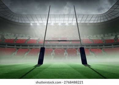 Flat vector rugby goalposts are standing on misty grass pitch under floodlights with curved seating. Stadium, sports, modern, outdoor, lighting, competition, adrenaline