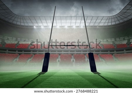 Flat vector rugby goalposts are standing on misty grass pitch under floodlights with curved seating. Stadium, sports, modern, outdoor, lighting, competition, adrenaline