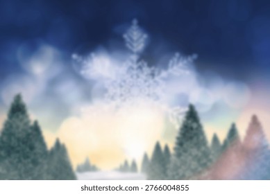 Flat vector snowflake hovering above snowy evergreen grove under blurred light sky with bokeh orbs. Winter, nature, tranquility, festive, holiday, minimalism, icy