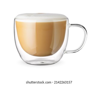 Flat white coffee in a transparent double wall glass cup isolated on white background.