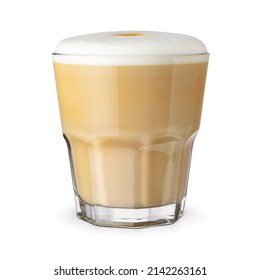 Flat White Coffee In A Transparent Glass Isolated On White Background.