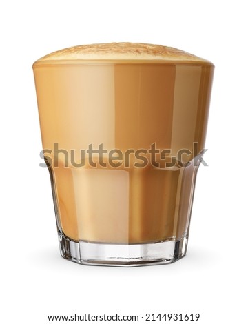 Flat white coffee in a transparent glass isolated on white background.