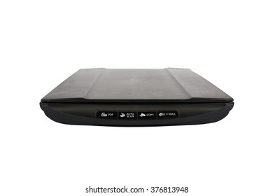 flatbed document scanner on white background. straight facing towards the camera. 