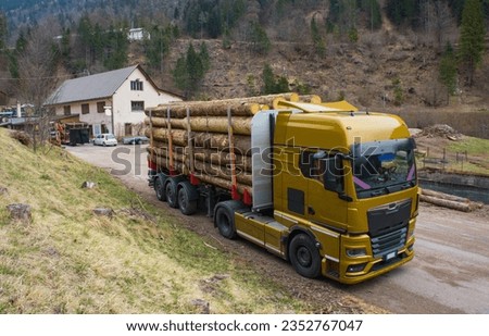 A flatbed truck loaded with timber at a saw mill yard near the village of Forni Avoltri in Carnia, Udine Province, Friuli-Venezia Giulia, north east Italy. The building is a former restaurant