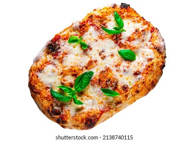 Flatbread Pizza With Mozzarella Cheese, Tomatoes, Pepper, Spices And Fresh Basil. Italian Pizza. Pizza Margherita Or Margarita Isolated On White Background