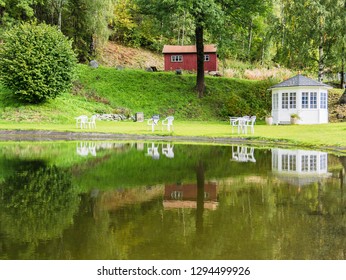 Flatdal, Norway - Sep 8 2018: A Beautiful View By The Lake Of A Boutique Hotel In Flatdal.